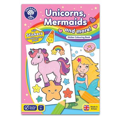 Carte de colorat cu activitati in limba engleza si abtibilduri Unicorni, Sirene si Altele UNICORNS, MERMAIDS AND MORE - ORCB15