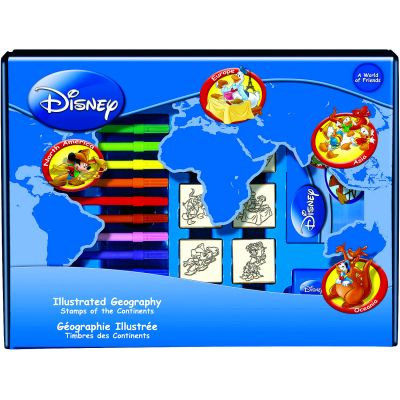 Set educativ cu stampile Geografia Disney 23 piese, 7 stampile, tus, 12 carioci, rigla, harta lumii si caiet cu activitati Multiprint MP1938 BBJMP1938_Initiala