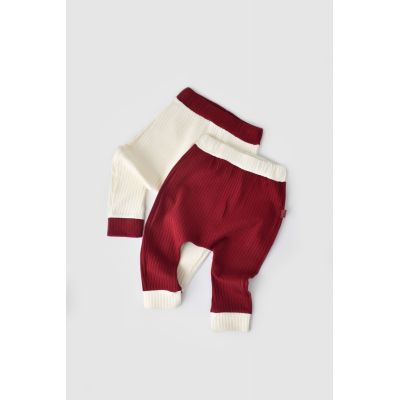 Set 2 pantaloni Ribana Bebe Unisex din bumbac organic si 5%elastan - Ecru/Bordo, Baby Cosy (Marime: 3-6 Luni) JEMBC-CSYR4001-3
