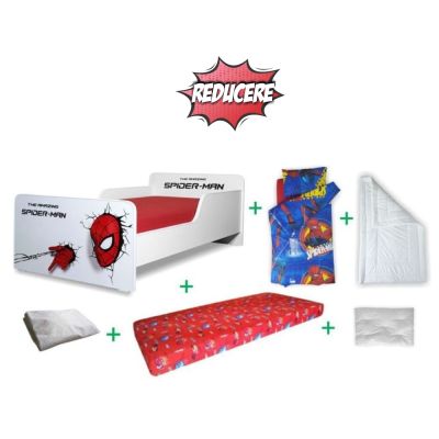 Pachet Promo Complet Pat Start Spiderman Baieti cu varste 2-12 ani, include saltea cu lana de 160x80x12 cm, husa, pilota, perna si lenjerie pat