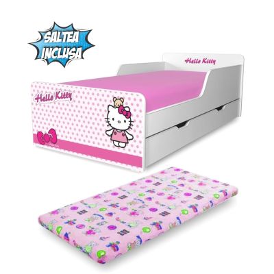 Pat pentru Fete 2-12 ani Start Hello Kitty cu sertar si saltea cu lana 160x80cm- PC-P-MK-SRT-HKT-80