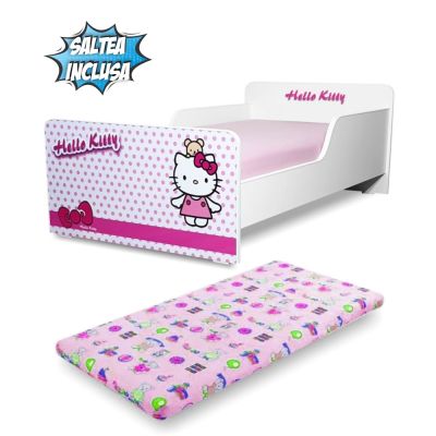 Pat Fete 2-12 ani Start Hello Kitty cu saltea din lana 160x80 inclusa - PC-P-MOK-HKT-80