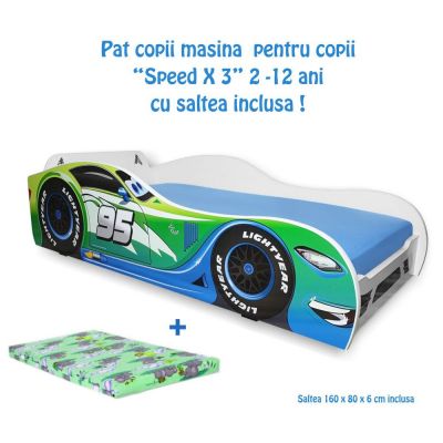 Pat masina Speed X3 pentru copii 2-12 ani cu saltea 160x80x6 cm cu lana PC-P-MK-SPDX-3-80